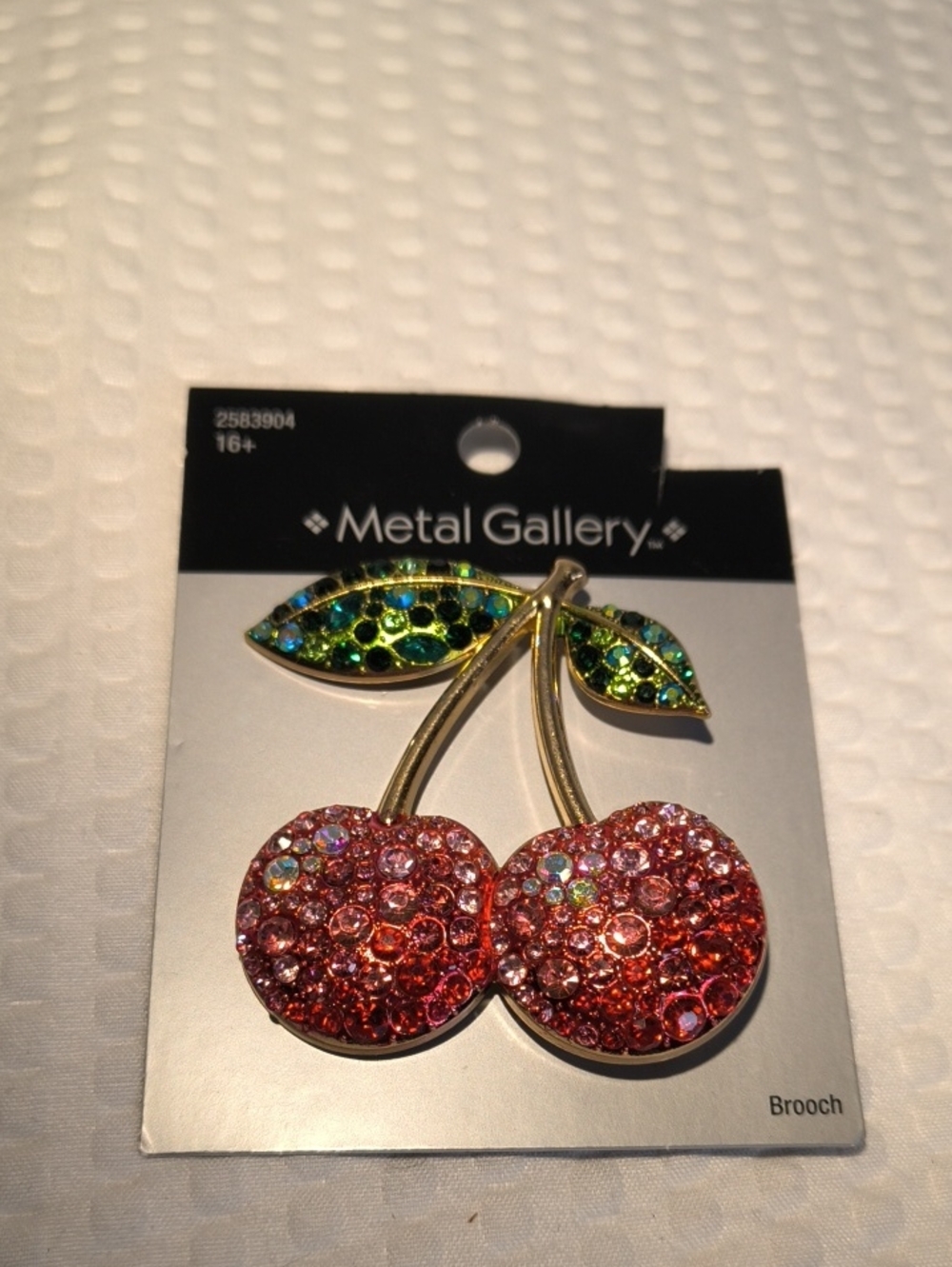Metal Gallery Pink Red Ombre Crystal Cherry Brooch with Green Leaves